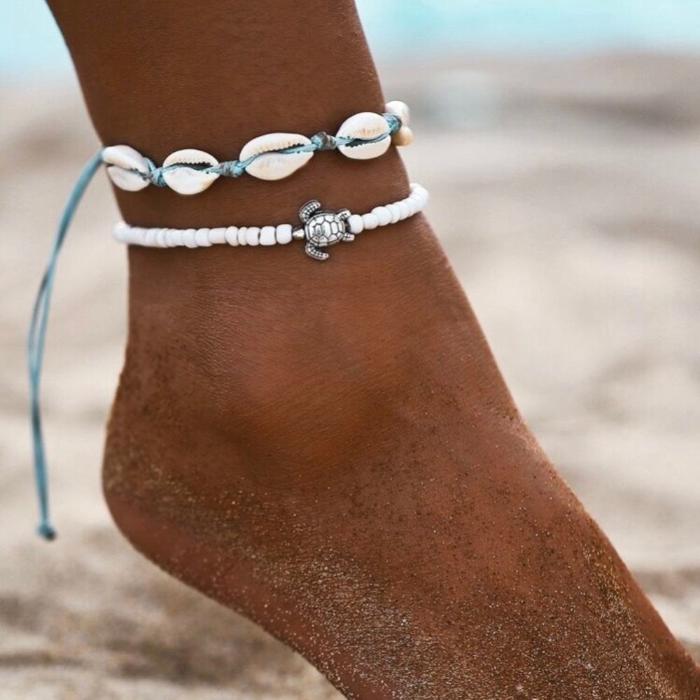3/$30 White & Blue Beaded & Shell Turtle Anklets
